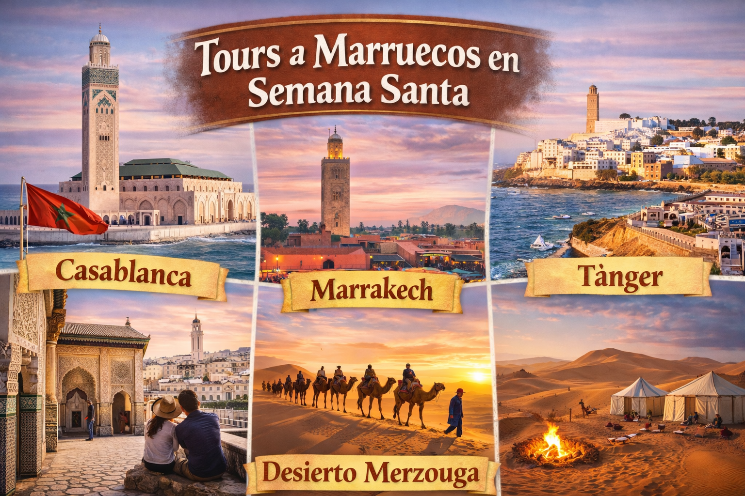ours a Marruecos en Semana Santa mostrando Casablanca con la Mezquita Hassan II, Marrakech con Jemaa el-Fna, Tangier con la costa, Fes con su medina y las dunas del desierto de Merzouga con camellos al atardecer.