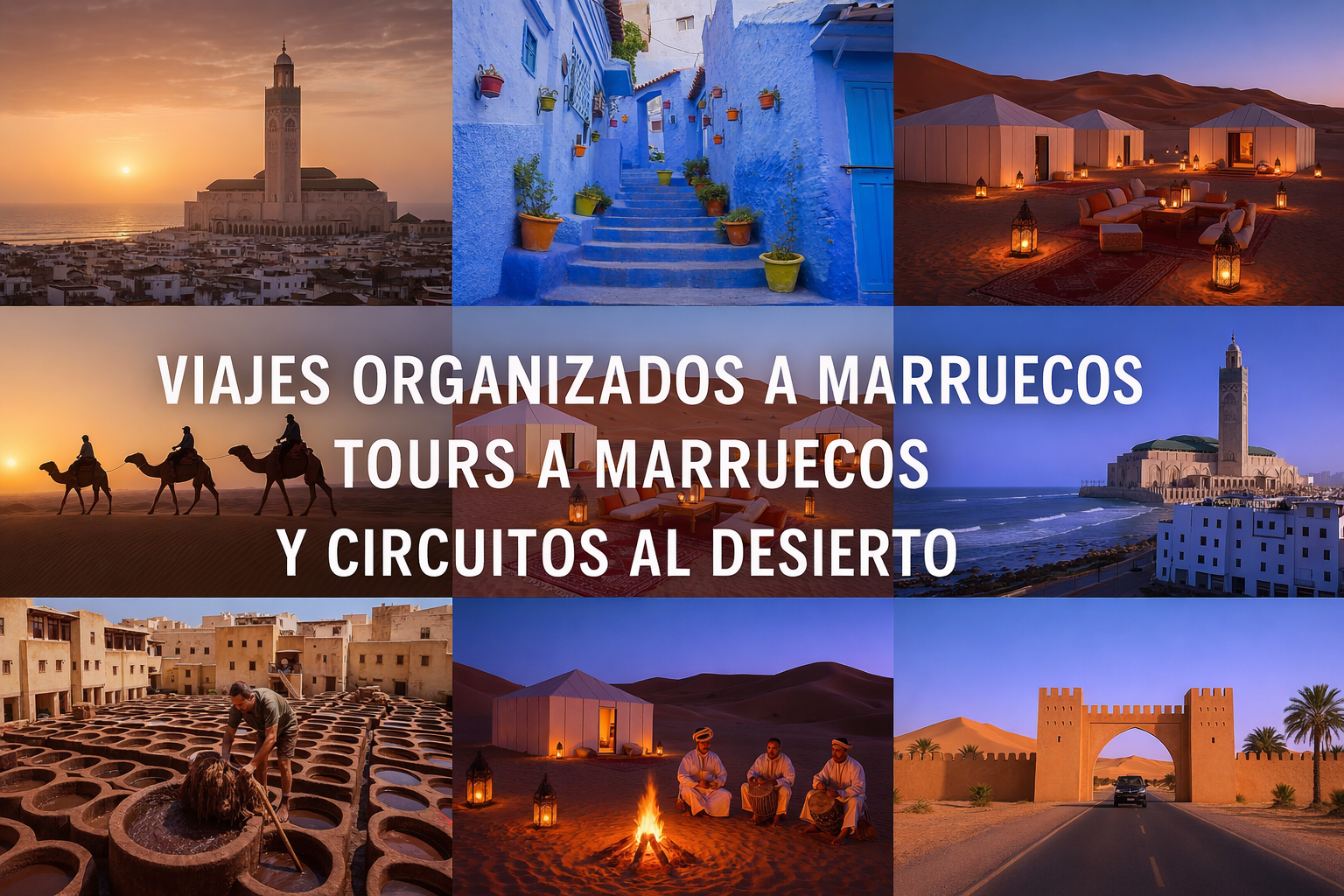 Viajes organizados a Marruecos con tour al desierto, camellos en el Sahara, campamento de lujo, Marrakech y Chefchaouen incluidos en tours desde Casablanca, Marrakech y Tánger.