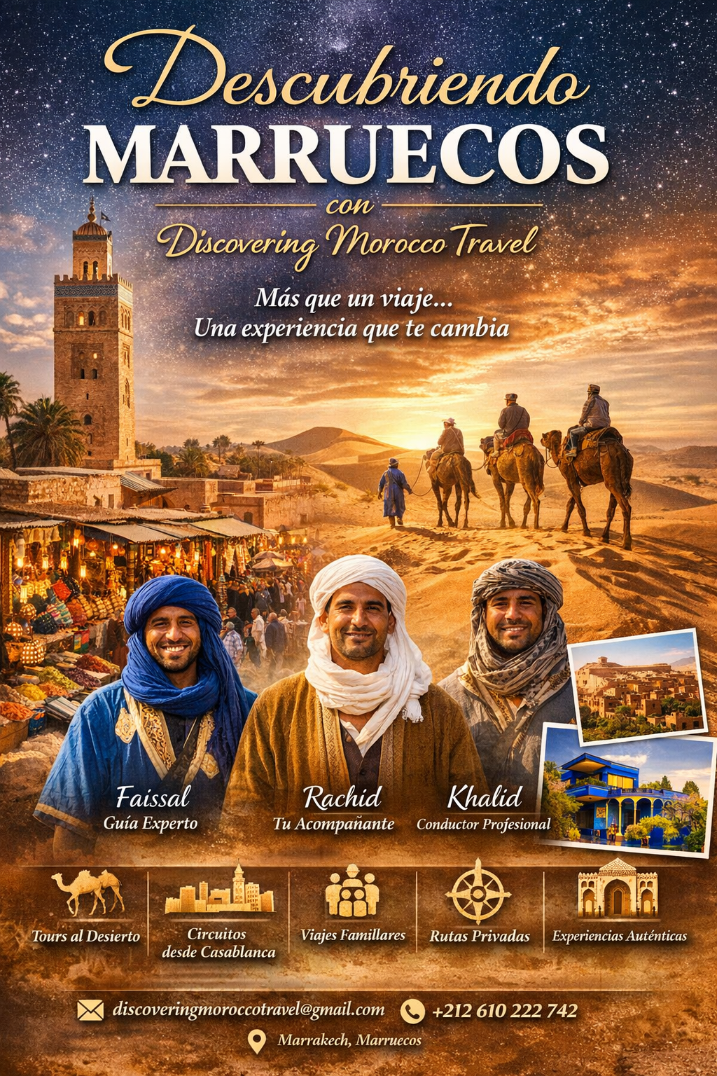 Tour a Marruecos con nuestros tours, viajes y excursiones. Explora Marrakech, el desierto del Sahara, las montañas del Atlas y más.