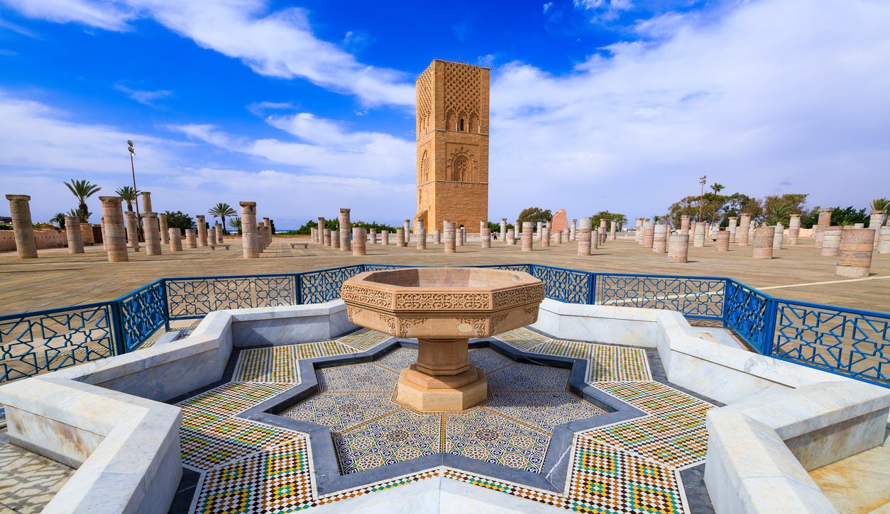Hassan Tower and its historic marble fountain in Rabat, Morocco, one of the country's most iconic landmarks and a highlight of imperial city tours.