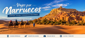 Camel caravan in the Merzouga desert with traditional Moroccan kasbah and golden dunes during a Viajes por Marruecos tour.