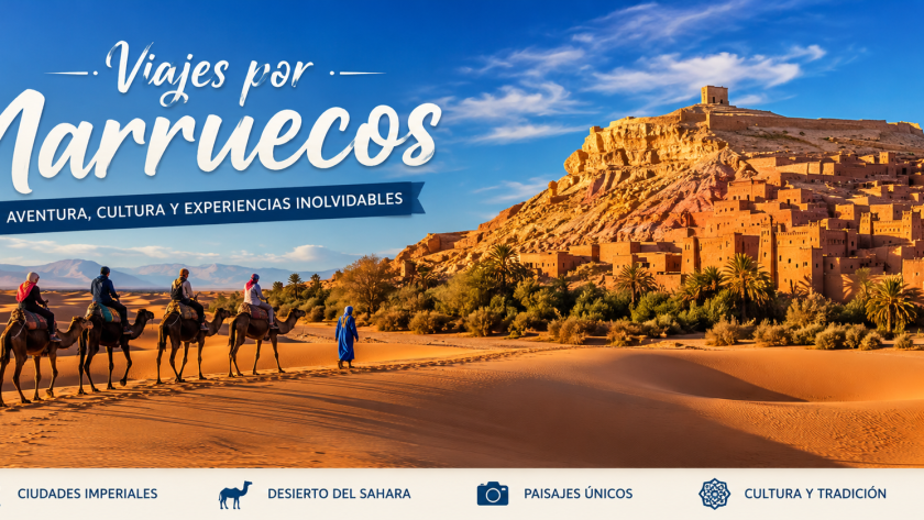 Camel caravan in the Merzouga desert with traditional Moroccan kasbah and golden dunes during a Viajes por Marruecos tour.