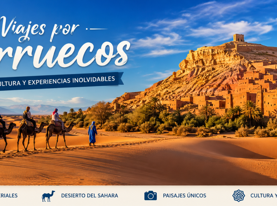 Camel caravan in the Merzouga desert with traditional Moroccan kasbah and golden dunes during a Viajes por Marruecos tour.