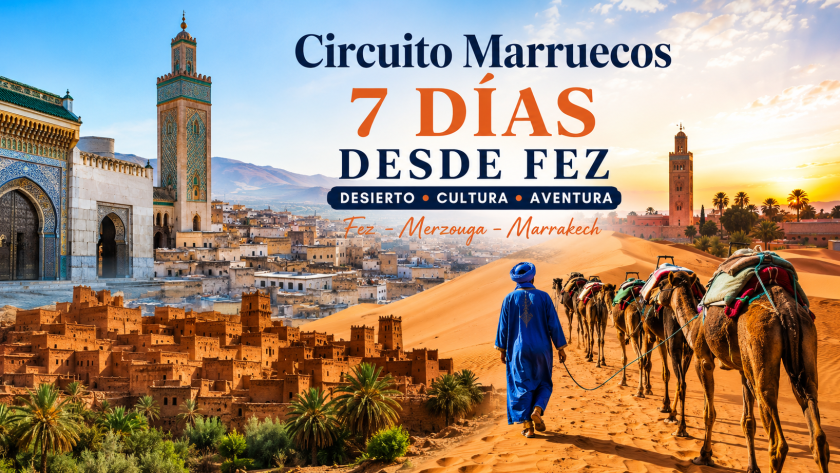 Circuito Marruecos 7 días desde Fez con camellos en el desierto de Merzouga, kasbahs tradicionales, Fez y Marrakech al atardecer en Marruecos