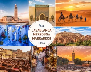 Tour Casablanca Merzouga Marrakech mostrando Casablanca, Fez, desierto de Merzouga, paseo en camello, Ait Ben Haddou y Marrakech en un viaje de 8 días por Marruecos