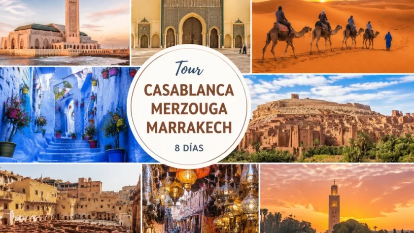Tour Casablanca Merzouga Marrakech mostrando Casablanca, Fez, desierto de Merzouga, paseo en camello, Ait Ben Haddou y Marrakech en un viaje de 8 días por Marruecos