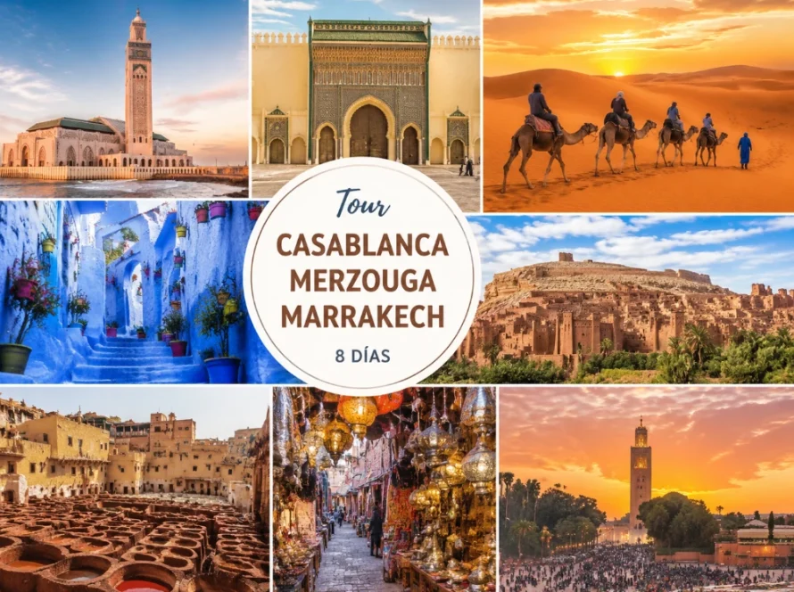 Tour Casablanca Merzouga Marrakech mostrando Casablanca, Fez, desierto de Merzouga, paseo en camello, Ait Ben Haddou y Marrakech en un viaje de 8 días por Marruecos