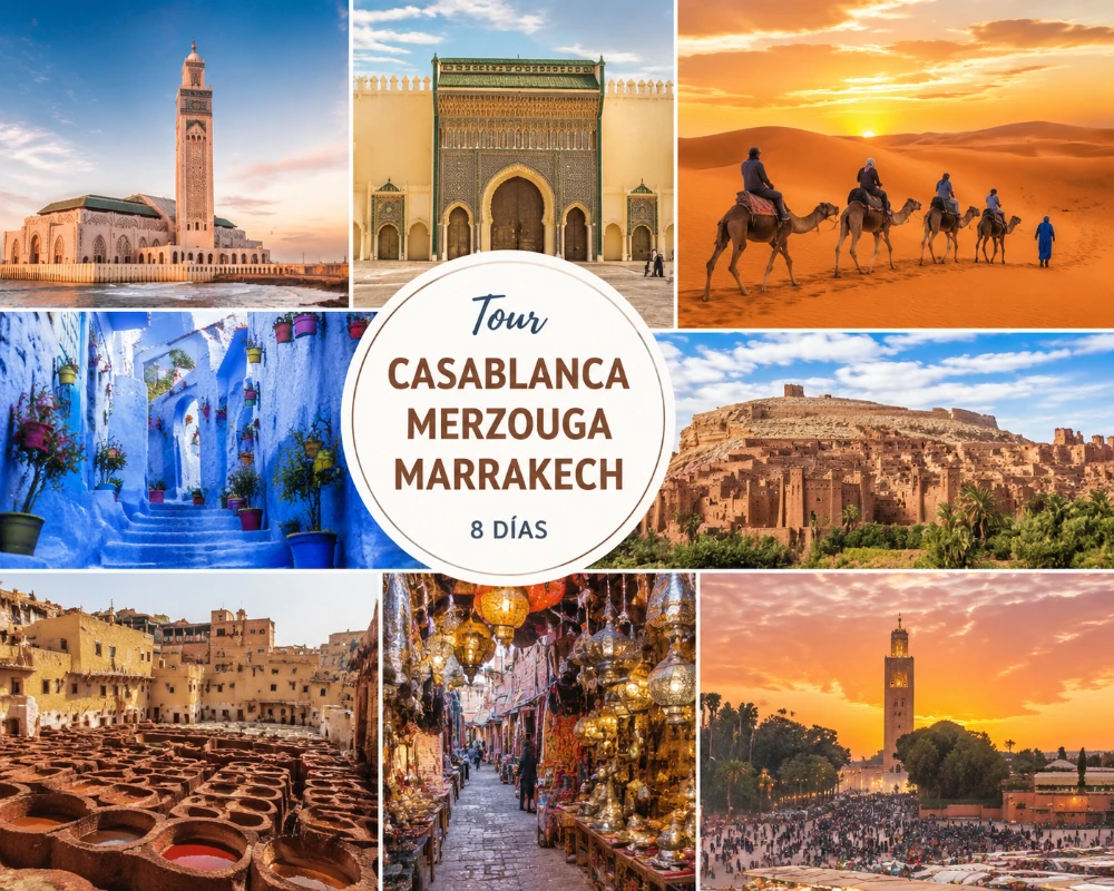 Tour Casablanca Merzouga Marrakech mostrando Casablanca, Fez, desierto de Merzouga, paseo en camello, Ait Ben Haddou y Marrakech en un viaje de 8 días por Marruecos