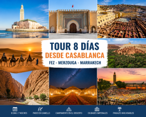 tour de 8 días desde Casablanca por Marruecos, incluyendo la Mezquita Hassan II, la medina de Fez, el paseo en camello por el desierto del Sahara en Merzouga, la kasbah de Ait Ben Haddou, las montañas del Atlas y la plaza Jemaa el-Fna en Marrakech al atardecer.