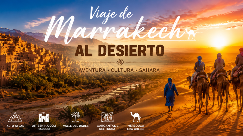 Viaje de Marrakech al Desierto del Sahara con camellos en las dunas de Merzouga al atardecer y paisaje de Marruecos