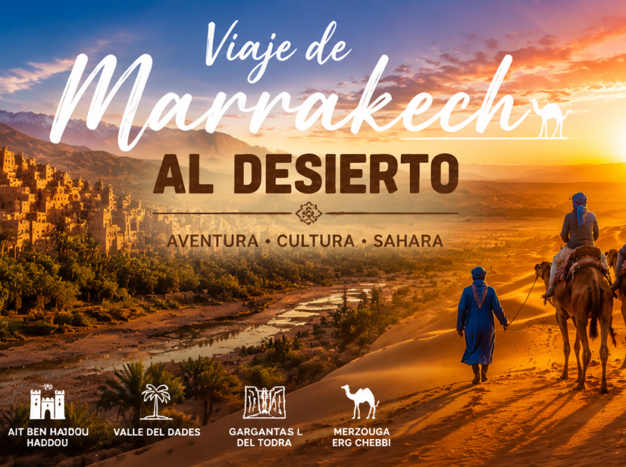 Viaje de Marrakech al Desierto del Sahara con camellos en las dunas de Merzouga al atardecer y paisaje de Marruecos