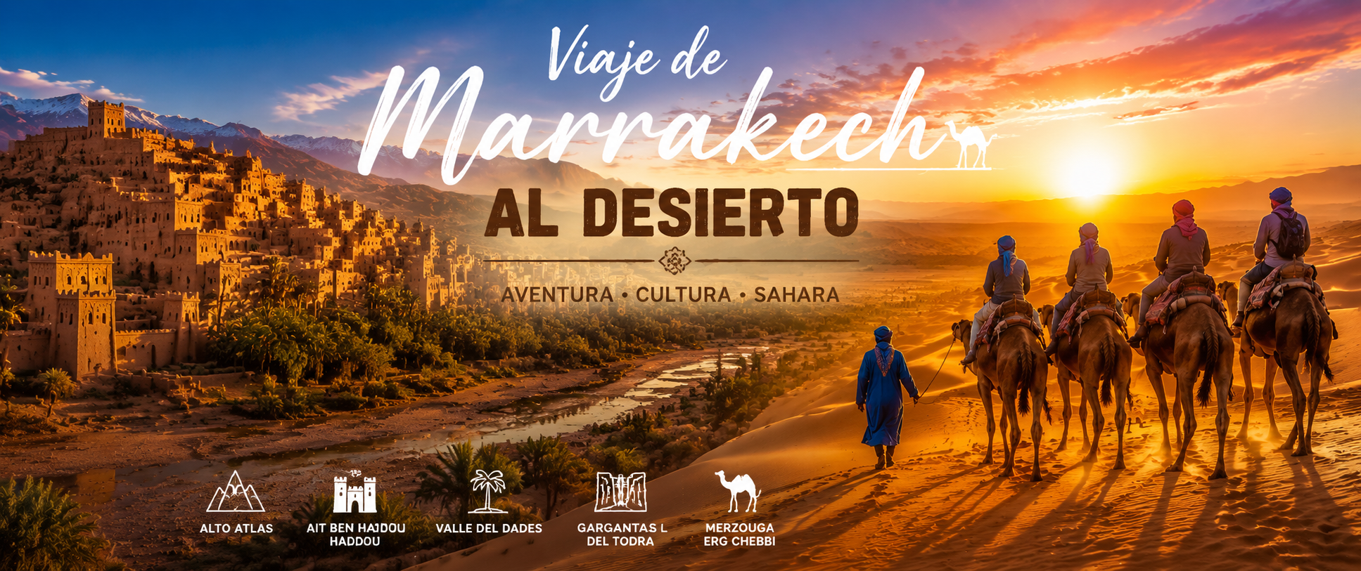 Viaje de Marrakech al Desierto del Sahara con camellos en las dunas de Merzouga al atardecer y paisaje de Marruecos