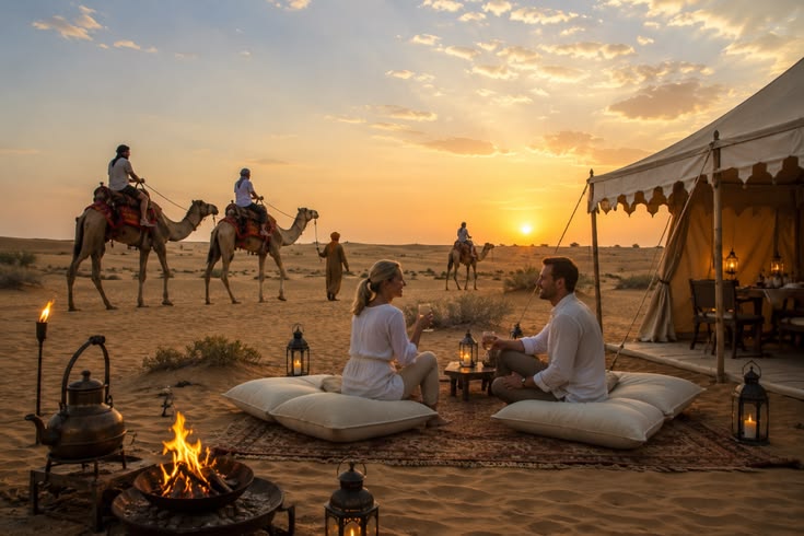 Camel trekking across the Erg Chebbi dunes in Merzouga at sunset