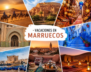 Vacaciones en Marruecos con desierto del Sahara, Marrakech, Chefchaouen, mercados tradicionales y excursiones en camello.