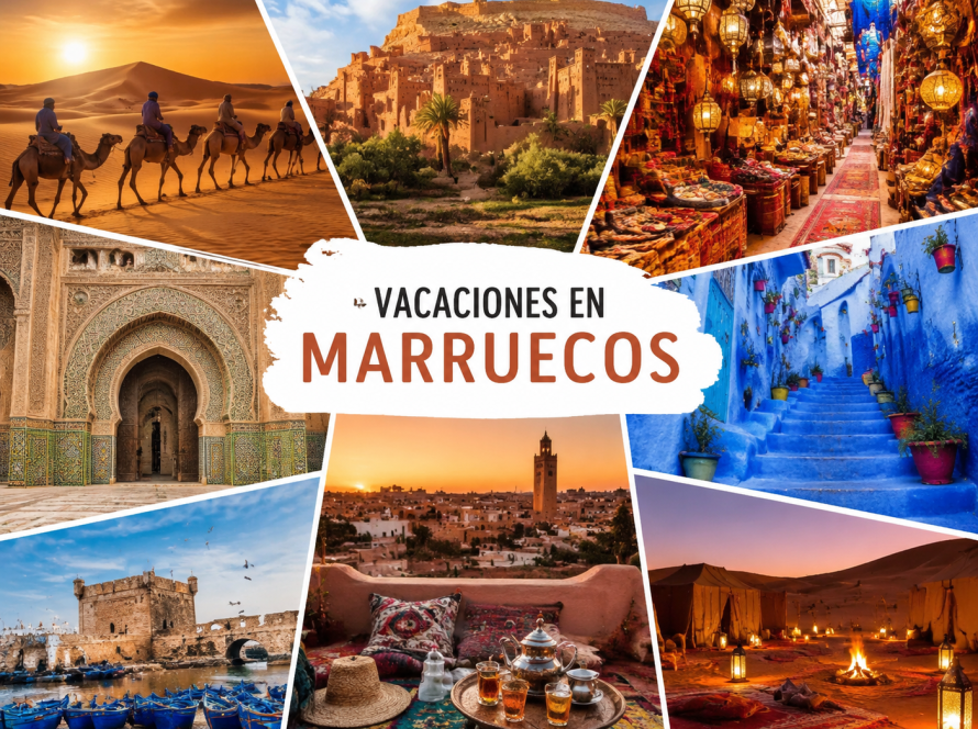 Vacaciones en Marruecos con desierto del Sahara, Marrakech, Chefchaouen, mercados tradicionales y excursiones en camello.