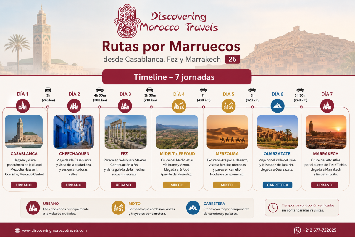 Timeline de 7 jornadas de rutas por Marruecos desde Casablanca, Fez y Marrakech