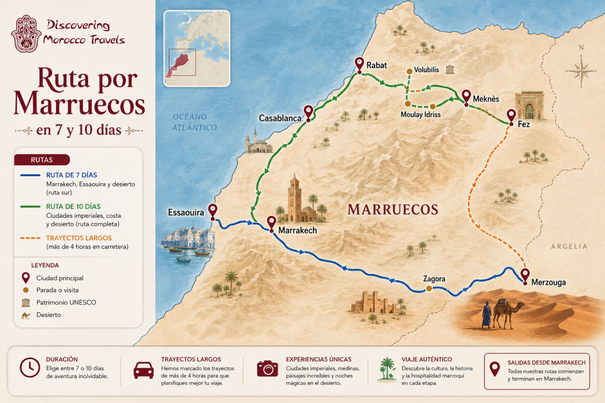 Mapa ilustrado de Marruecos con rutas de 7 y 10 días que conectan Marrakech, Essaouira, Casablanca, Rabat, Meknès, Moulay Idriss, Volubilis, Fez, Zagora y Merzouga, destacando los trayectos largos.