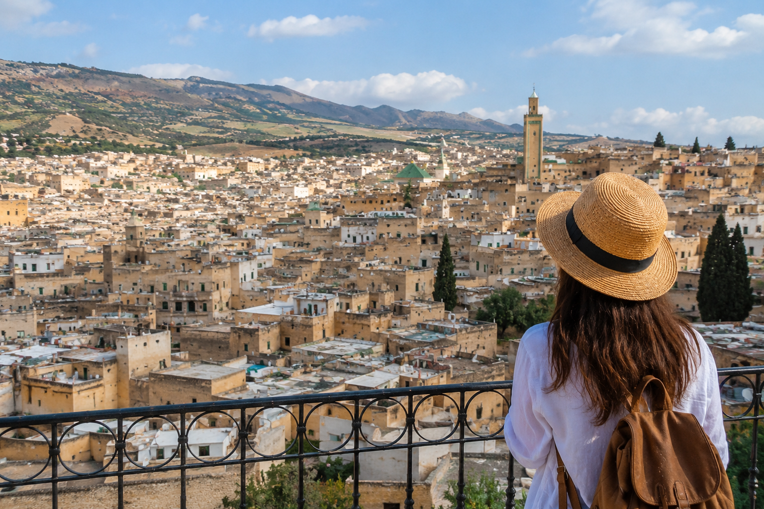 Traveler overlooking the historic city of Fez from a panoramic viewpoint