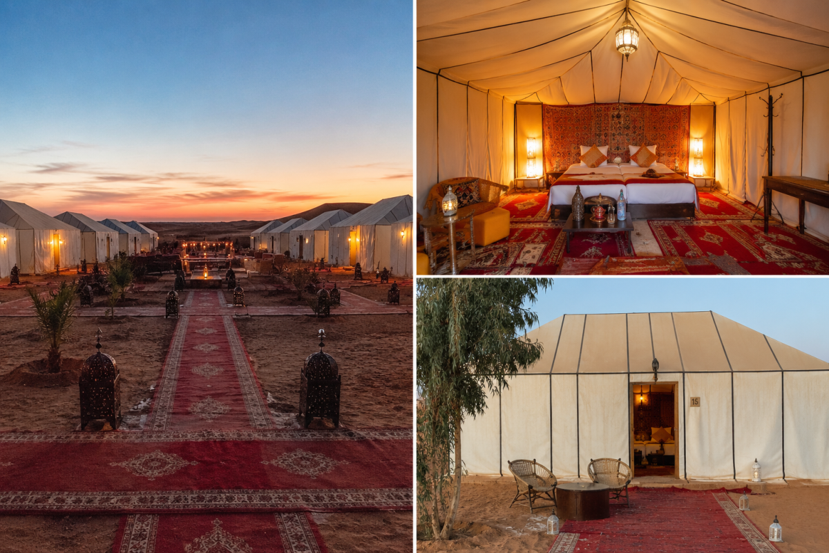 Campamento de Erg Chebbi con exterior e interior de una jaima tradicional marroquí