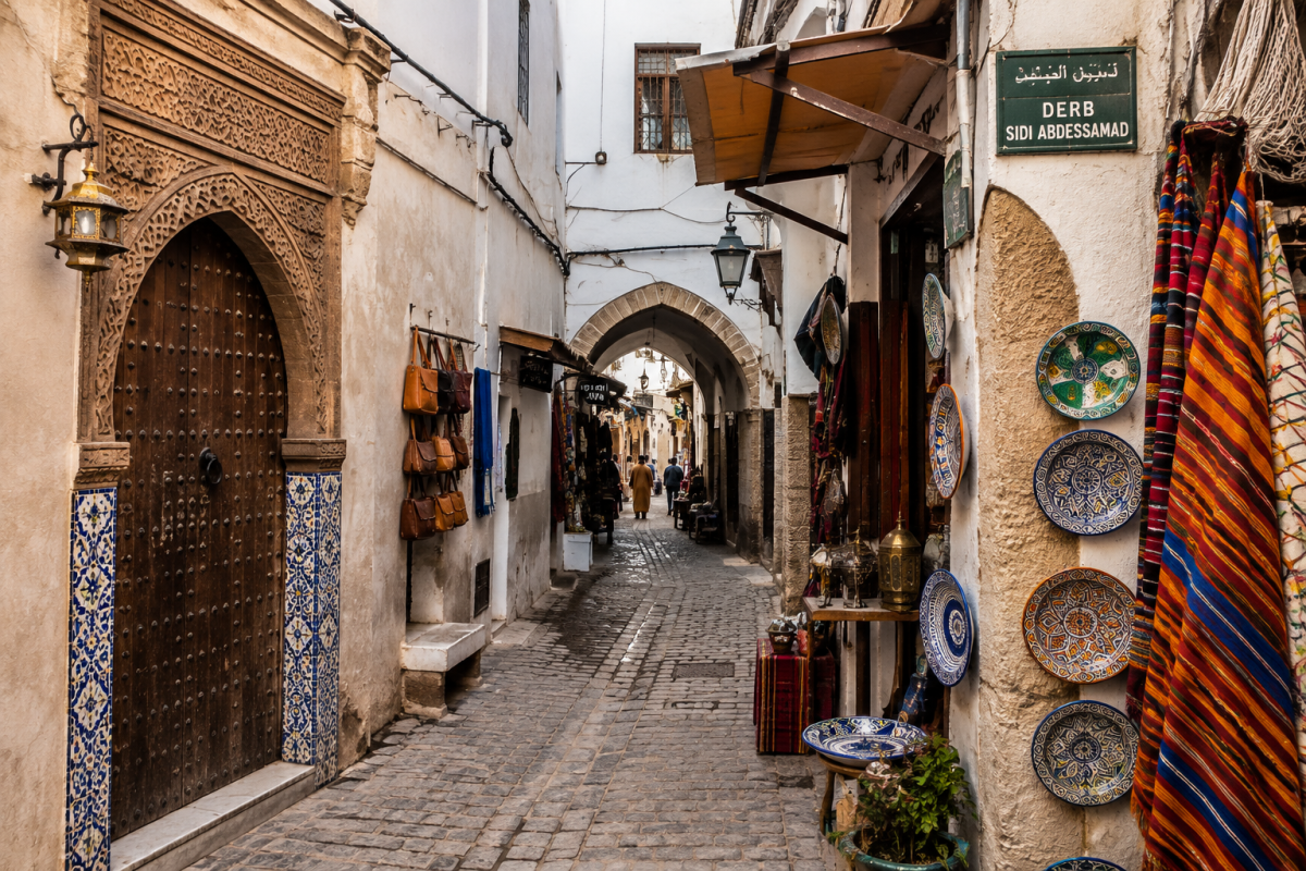 Calle tradicional de la medina de Tánger con arquitectura marroquí y tiendas locales.