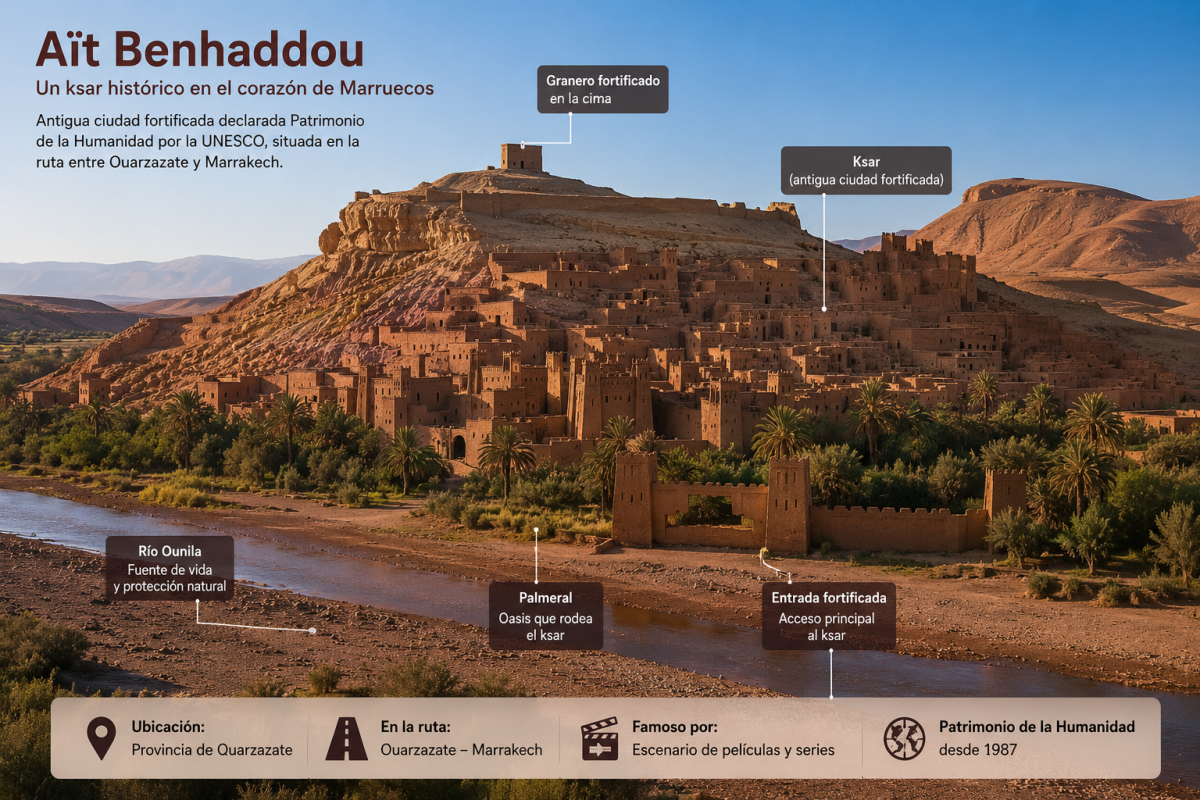 Panorámica de Aït Benhaddou que muestra el ksar fortificado, el río Ounila, el palmeral y el paisaje montañoso circundante.