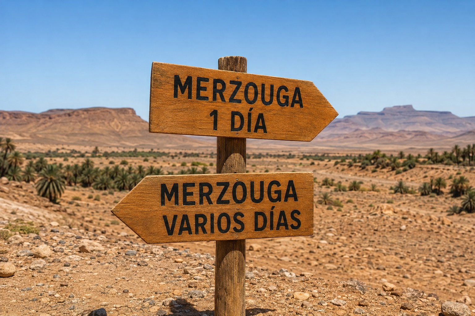 Wooden signpost comparing a one-day Merzouga trip with a multi-day desert tour