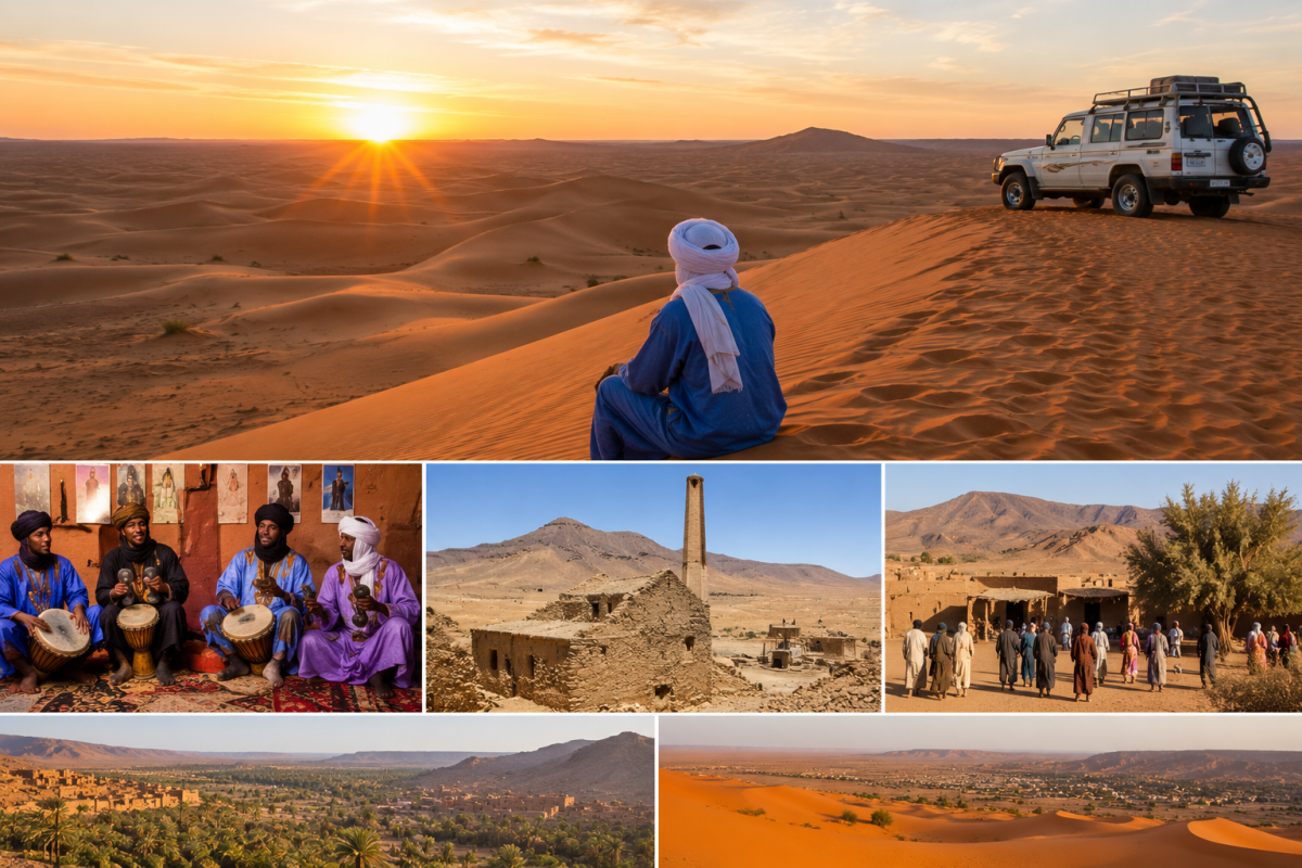 Amanecer sobre las dunas de Merzouga con un vehículo 4×4 y escenas de la cultura del Sahara marroquí