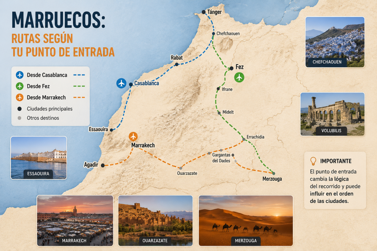 Rutas por Marruecos según el punto de entrada desde Fez, Marrakech o Casablanca