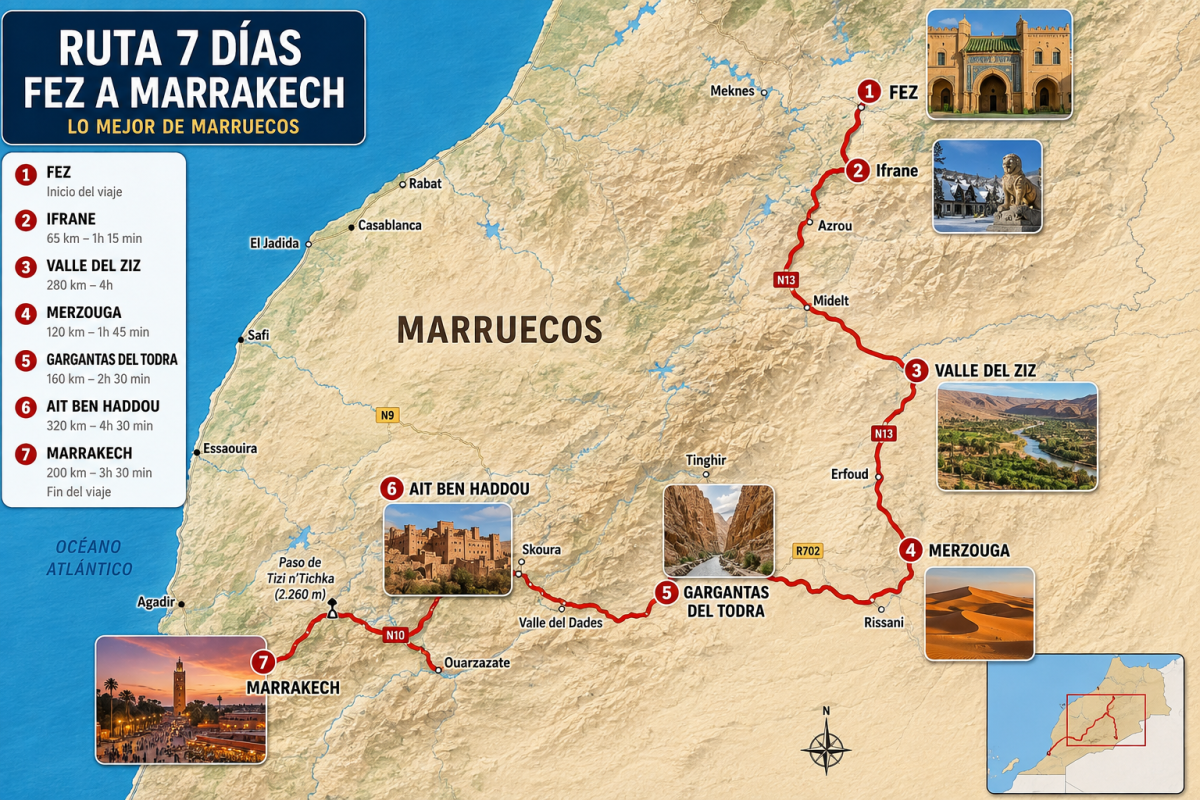 Mapa de la ruta desde Fez a Merzouga y Marrakech pasando por el Atlas