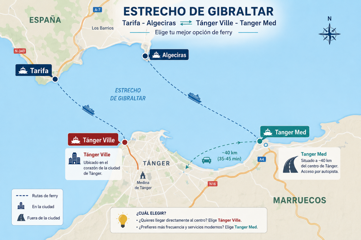 Mapa del estrecho de Gibraltar con Tarifa, Algeciras, Tánger Ville y Tanger Med