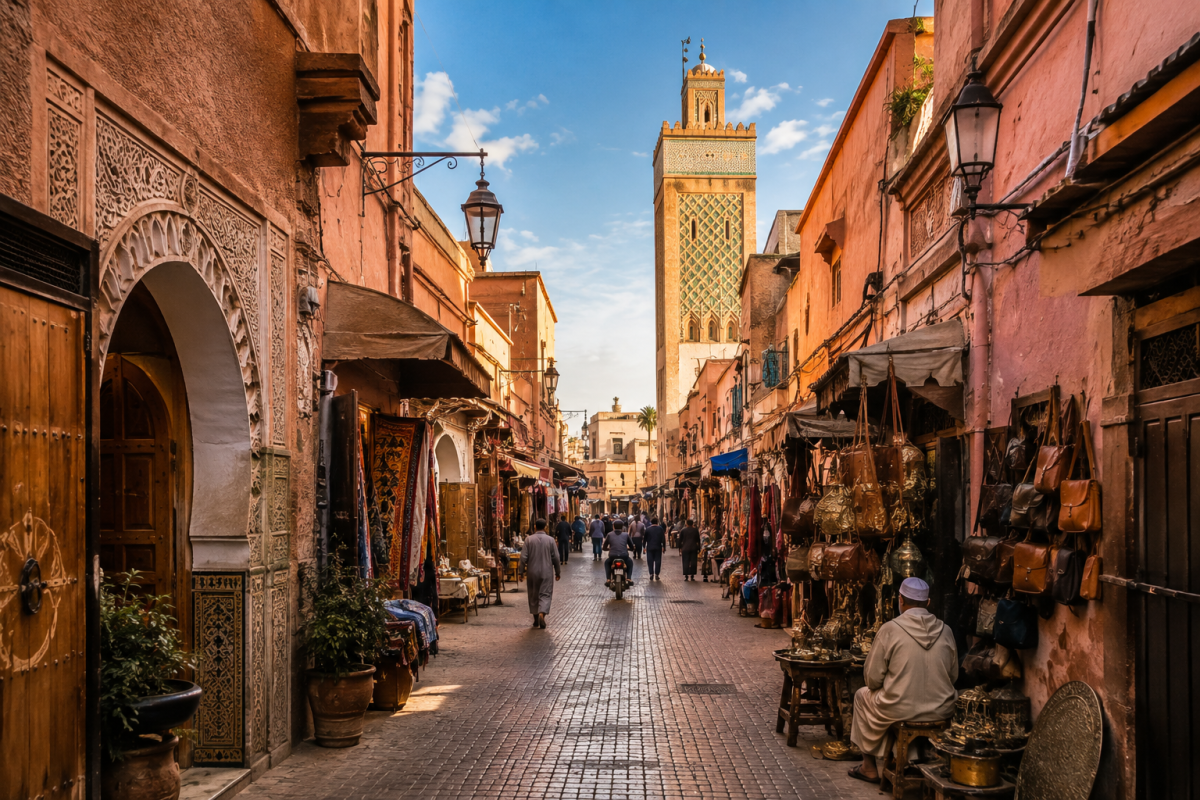 Calle tradicional de una medina marroquí con zocos, tiendas y arquitectura histórica