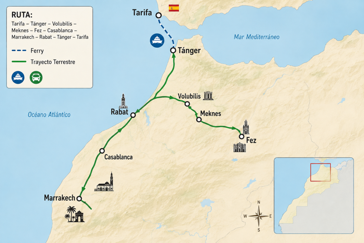 Recommended Visual: mapa de Tarifa–Tánger–Volubilis–Meknes–Fez–Casablanca–Marrakech–Rabat–Tánger–Tarifa, diferenciando los trayectos en ferry de los desplazamientos terrestres.