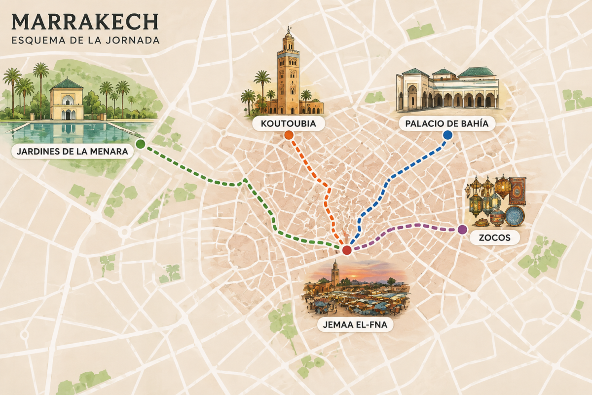 Esquema turístico de Marrakech con Menara, Koutoubia, Palacio de Bahía, zocos y Jemaa el-Fna