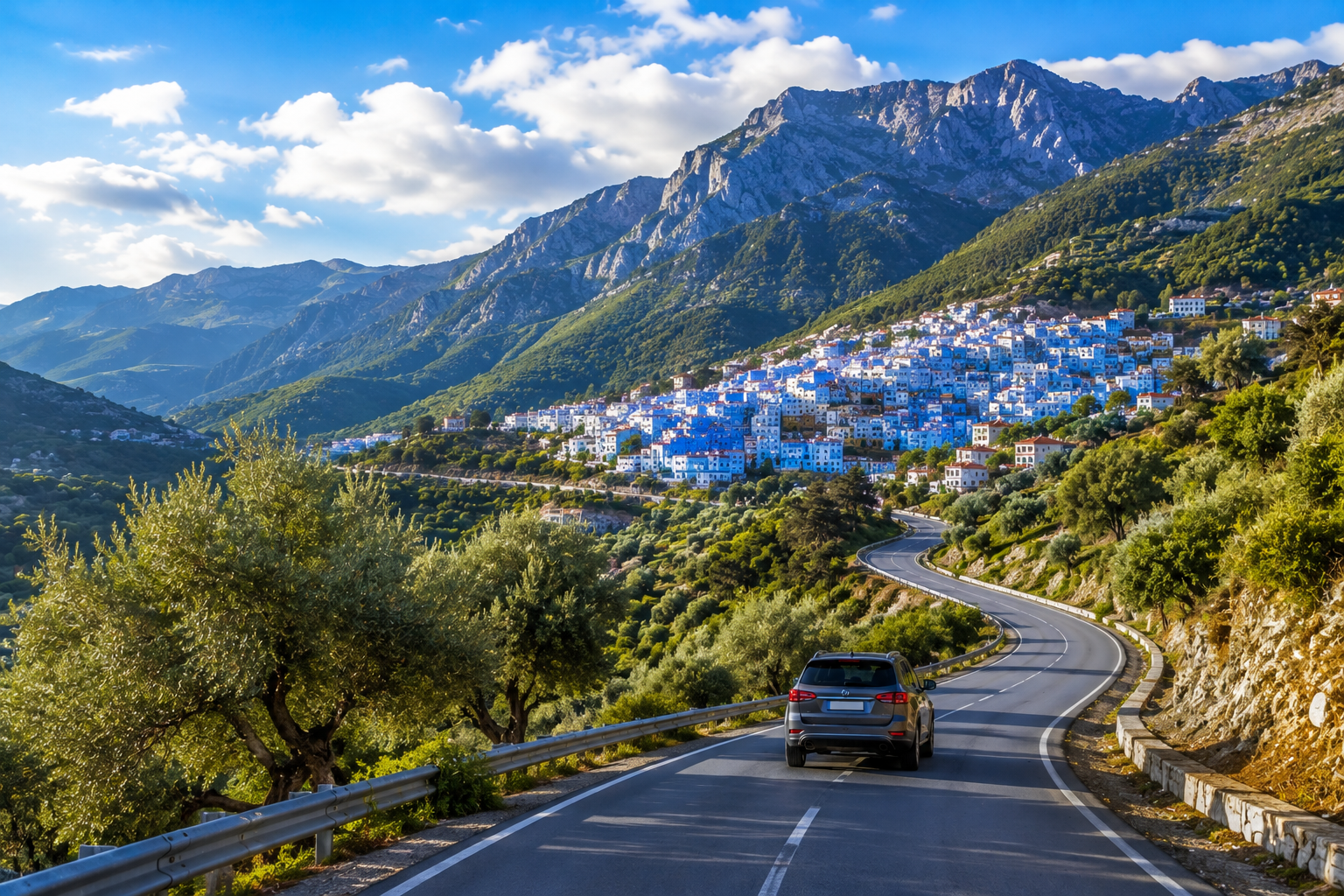 Scenic road from Tangier to Chefchaouen through the Rif Mountains with lush green hills, olive trees, and the iconic blue city of Chefchaouen under a sunny blue sky in Morocco.
