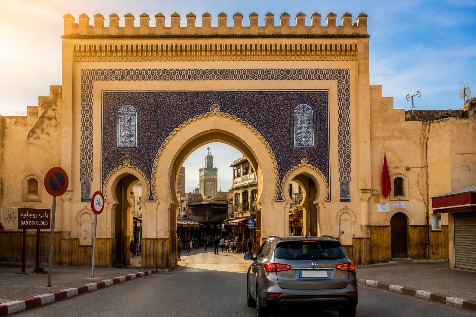 Bab Bou Jeloud gate in Fez, Morocco, with a scenic view of the famous Blue Gate marking the entrance to the UNESCO-listed medina during a 6-day tour from Tangier.