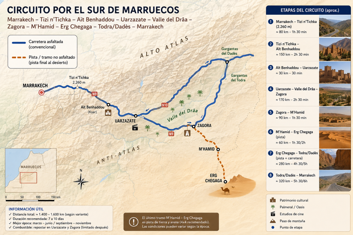 Mapa del circuito por el sur de Marruecos desde Marrakech hasta Erg Chegaga, pasando por Aït Benhaddou, Uarzazate, el Valle del Drâa y Zagora.