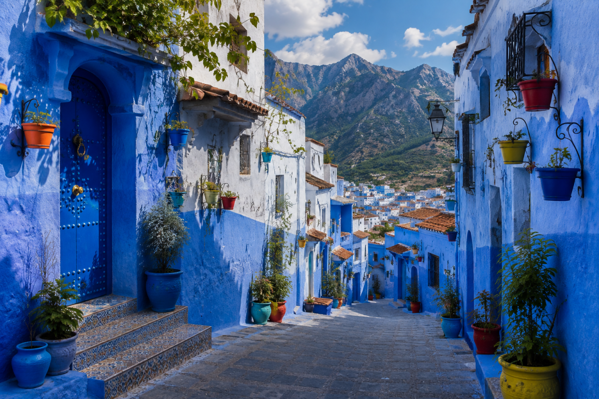 Calle azul de Chefchaouen con arquitectura tradicional marroquí y montañas del Rif al fondo
