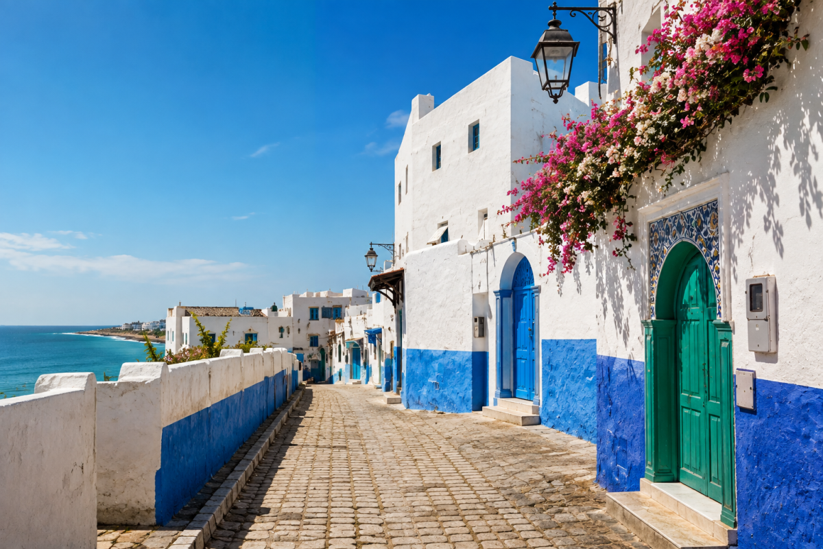 Calle blanca y azul de la medina de Asilah junto al océano Atlántico, Marruecos.