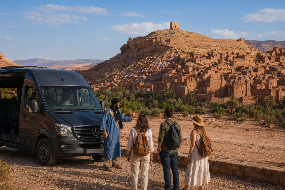 Viaje privado por Marruecos con guía y viajeros junto a un vehículo turístico, frente a una kasbah de adobe rodeada de palmeras y montañas.