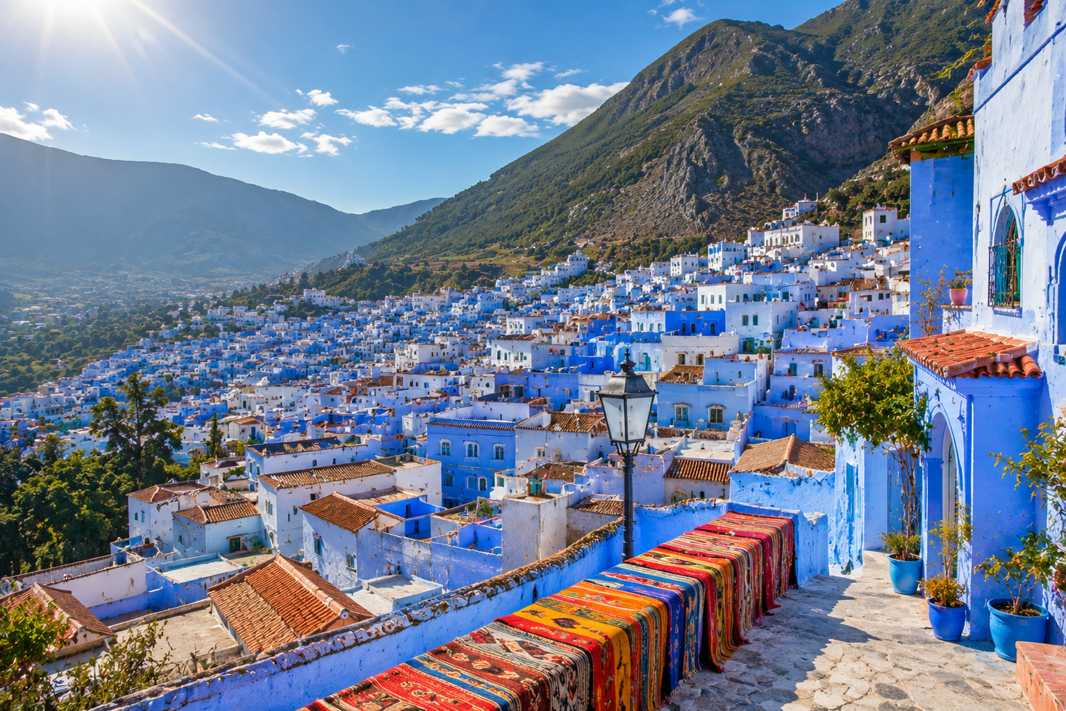 Panorámica de Chefchaouen con sus casas azules y blancas rodeadas por las montañas del Rif