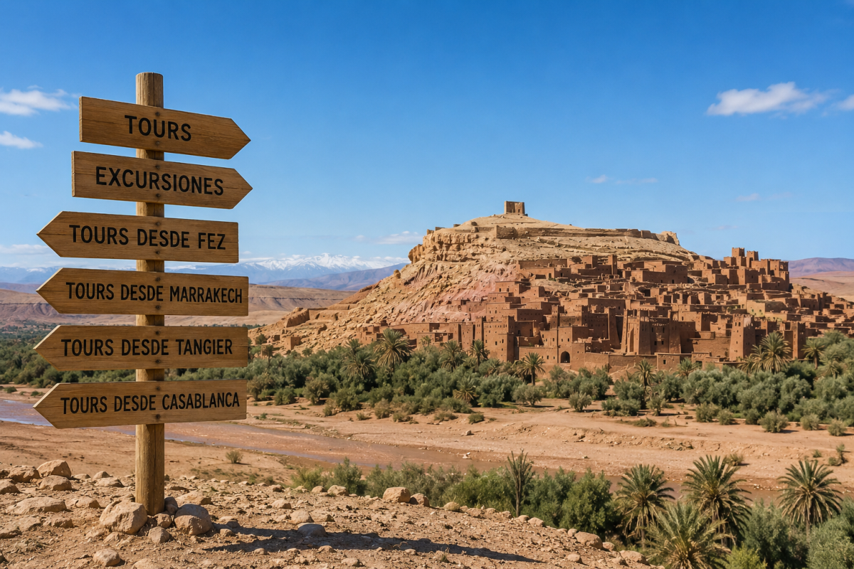 Wooden travel signposts showing Morocco tours and excursions from Fez, Marrakech, Tangier, and Casablanca