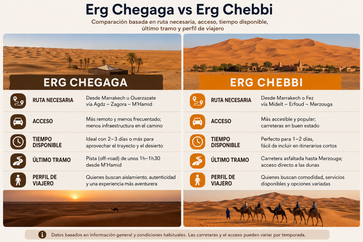 Comparación visual entre Erg Chegaga y Erg Chebbi según acceso, ruta, tiempo y perfil de viajero.