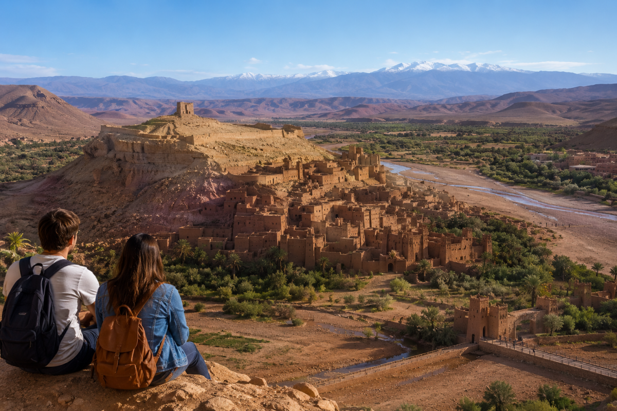 Viajeros contemplando un valle marroquí con kasbah, oasis y montañas del Atlas al fondo